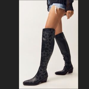 Nasty Gal Black Leather Star Studded OTK Over The Knee Thigh Boots 36 or 38 NEW